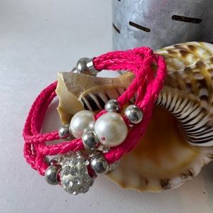 Fuchsia braided magnetic faux pear rhinestone bracelet